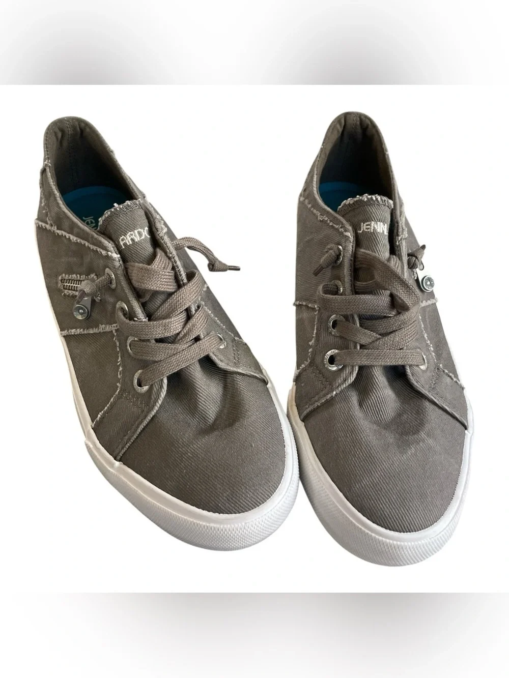 Grey Taupe Canvas Slip On Sneakers Side Zip Distressed Women's Size 9 Jenn Ardor